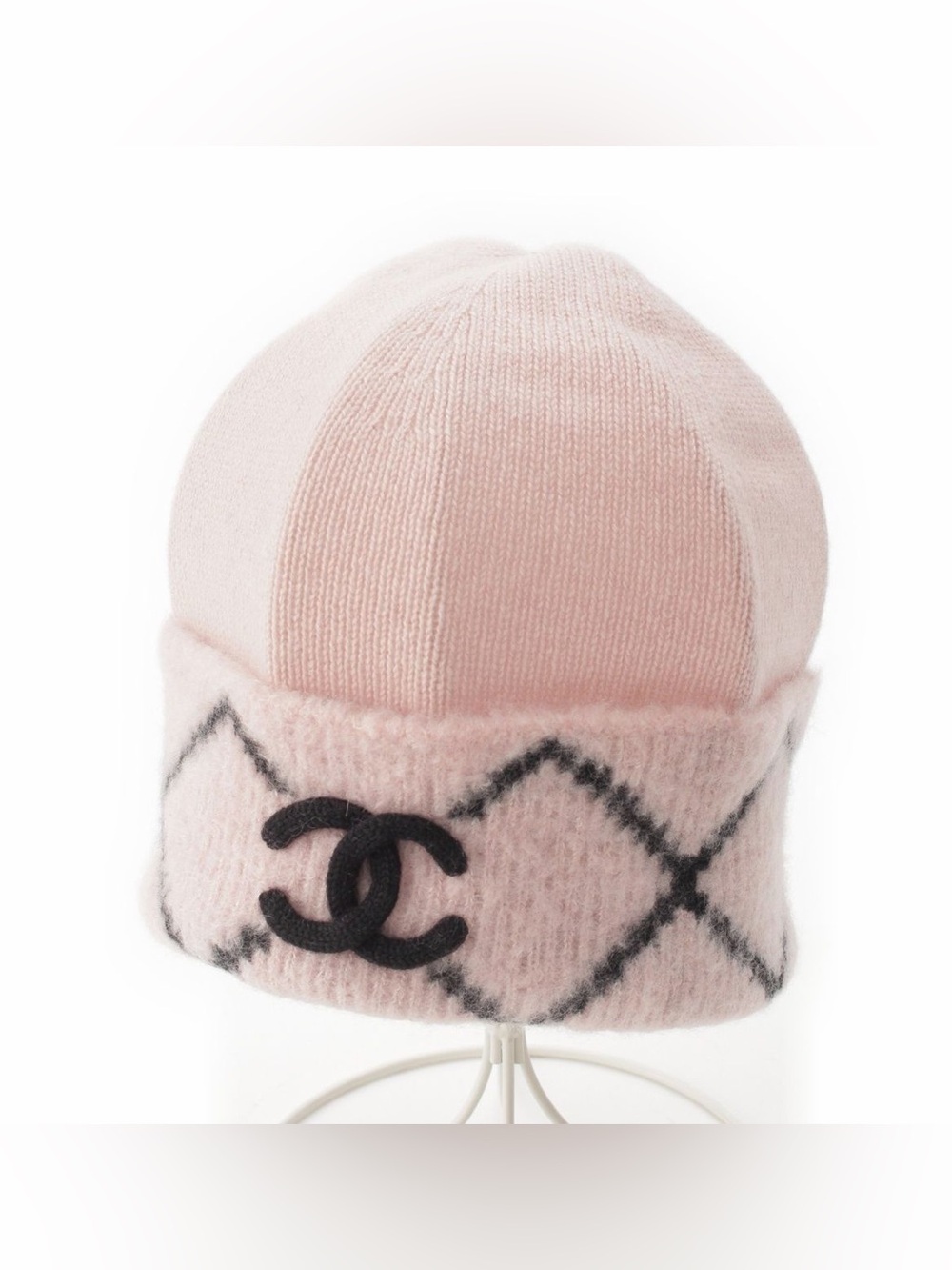 CHANEL Cashmere Pink & Black Knit CC Logo Beanie Hat